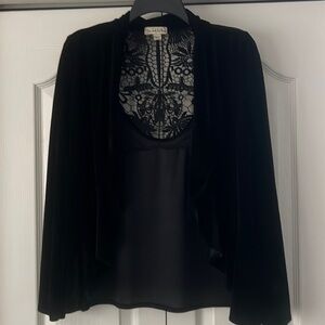 Live and let live black velvet open cardigan with crochet design on back, new.